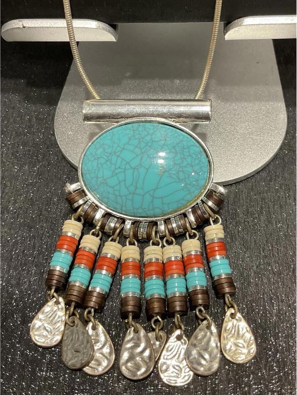 Turquoise Charm On Silver Tone Long Necklace
